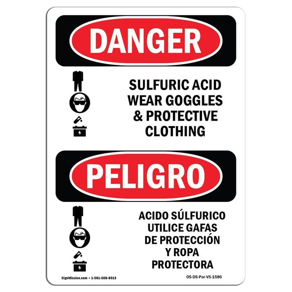Signmission OSHA Sign, Sulfuric Acid Wear Goggles Bilingual, 14in X 10in Rigid Plastic, 10" W, 14" H, Spanish OS-DS-P-1014-VS-1586
